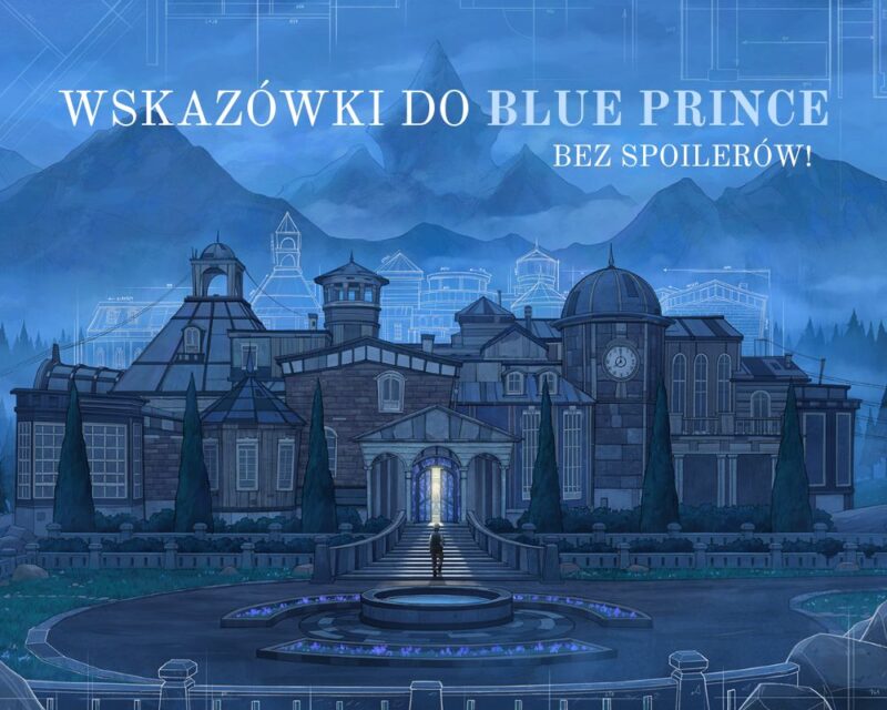 Obrazek przedstawia dużą, wielopiętrową rezydencję utrzymaną w odcieniach niebieskiego. Tło stanowią spowite mgłą, ośnieżone góry, co sugeruje chłodny, górski klimat. Centralnym punktem jest okazała budowla z fasadą w stylu wiktoriańskim, łączącą różne bryły architektoniczne – od wieżyczek, przez kopuły, po klasyczne dwuspadowe dachy. Przed głównym wejściem znajdują się szerokie schody prowadzące do oświetlonych drzwi, z których bije jasne światło. Na szczycie schodów stoi samotna postać, zwrócona w stronę wejścia. Przed schodami widać małą fontannę. Cała scena wygląda jak połączenie rzeczywistego rysunku z planami architektonicznymi. Nad budynkiem i wzdłuż ścieżek widoczne są linie techniczne, jak na szkicu budowlanym. Na górze obrazka znajduje się duży, biały napis „WSKAZÓWKI DO BLUE PRINCE” oraz mniejszy „BEZ SPOILERÓW!”. Reasumując, obrazek to grafika promocyjna do gry lub innego dzieła o nazwie „Blue Prince”, przedstawiająca tajemniczą rezydencję w górach, łącząca styl rysunkowy z elementami planów architektonicznych.