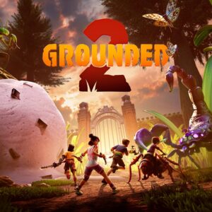Key art z gry Grounded 2 przedstawiający 4kę pomniejszonych dzieciaków walczących z gigantycznym skorpionem. W tle widać bramę parku oraz porzuconego loda.