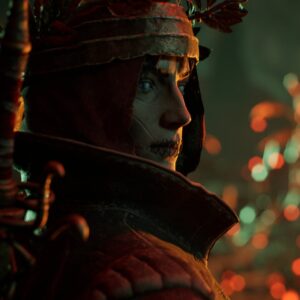 Zwiastun La Divina Commedia z Opening Night Live na Gamescomie - niepokojąca postać z zaszytymi ustami i w zbroi patrzy w kamerę, ograna trochę z boki , kadr z gry