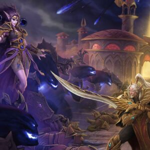 Oficjalna ilustracja promująca dodatek World of Warcraft: Midnight. Na pierwszym planie stoją bohaterowie Azeroth – po lewej stronie elfka nocna w jasnym, zdobionym pancerzu, trzymająca zakrzywiony miecz i emanacją magii. Obok niej widoczny jest krasnolud w ciężkiej zbroi, dzierżący młot bojowy. Po prawej stronie stoi postać w purpurowym płaszczu, unosząca ręce w geście przywoływania czarów. W tle rozciąga się mroczna sceneria – purpurowo-fioletowa pustka, z której wyłaniają się sylwetki złowrogich istot przypominających wytwory pustki (Void). Nad całością góruje tytuł World of Warcraft: Midnight oraz hasło “Against the Void”, podkreślające główny motyw dodatku.