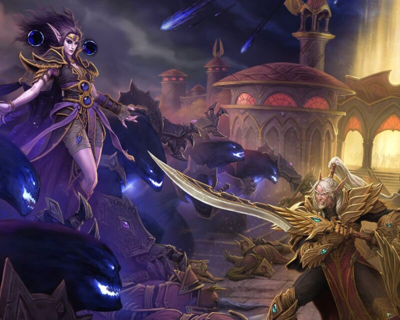 Oficjalna ilustracja promująca dodatek World of Warcraft: Midnight. Na pierwszym planie stoją bohaterowie Azeroth – po lewej stronie elfka nocna w jasnym, zdobionym pancerzu, trzymająca zakrzywiony miecz i emanacją magii. Obok niej widoczny jest krasnolud w ciężkiej zbroi, dzierżący młot bojowy. Po prawej stronie stoi postać w purpurowym płaszczu, unosząca ręce w geście przywoływania czarów. W tle rozciąga się mroczna sceneria – purpurowo-fioletowa pustka, z której wyłaniają się sylwetki złowrogich istot przypominających wytwory pustki (Void). Nad całością góruje tytuł World of Warcraft: Midnight oraz hasło “Against the Void”, podkreślające główny motyw dodatku.
