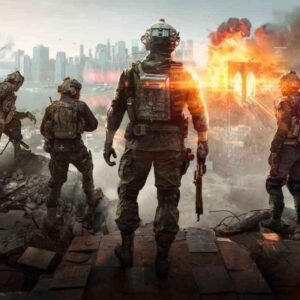 Grafika z gry Battlefield 6 – czterech żołnierzy w nowoczesnym oporządzeniu stoi na gruzach, patrząc w stronę płonącego mostu w mieście, gdzie w tle widać eksplozję i panoramę wieżowców.