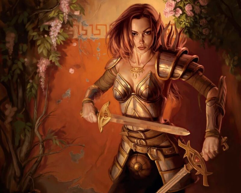 grafika przedstawia jedną z głównych postaci z gry Neverwinter Nights, Aribeth – to kobieta ze szpiczastymi uszami i krótkimi brązowymi włosami, ma na sobie dopasowaną ciężką zbroję, na szyi natomiast ma złoty amulet z logiem gry: okiem ze zwisającymi pod nim trzema kroplami. W dłoniach elfka trzyma dwa miecze, jeden krótki, jeden długi, za nią w tle widać zdobioną brązową ścianę i zwisające pnącza z różowymi kwiatami, neverwinter nights recenzja