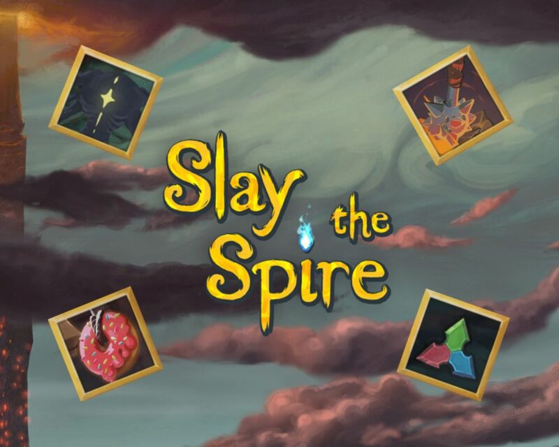 grafika przedstawia obrazek promujący grę Slay the Spire, widzimy na nim niebo i chmury, przed nimi na pierwszym planie tytuł gry: Slay the Spire z niebieskim płomieniem zamiast kropki nad i, po lewej stronie obrazka widać fragment iglicy pnący się w górę, slay the spire poradnik osiągnięcia, w rogach obrazka są też widoczne cztery małe kwadraty ze złotymi obwódkami symbolizujące niektóre z osiągnięć, w lewym górnym rogu widzimy jednego z potworów, czarną kreaturę ze złotym świecącym okiem w kształcie rombu, w prawym górnym rogu natomiast maczugę uderzającą w coś z trzaskiem, w lewym dolnym rogu widzimy pączka z różowym lukrem zwisającego na sznurku, a w prawym dolnym rogu trzy strzałki celujące na zewnątrz i łączące się w środku, tworząc coś a'la trójkąt