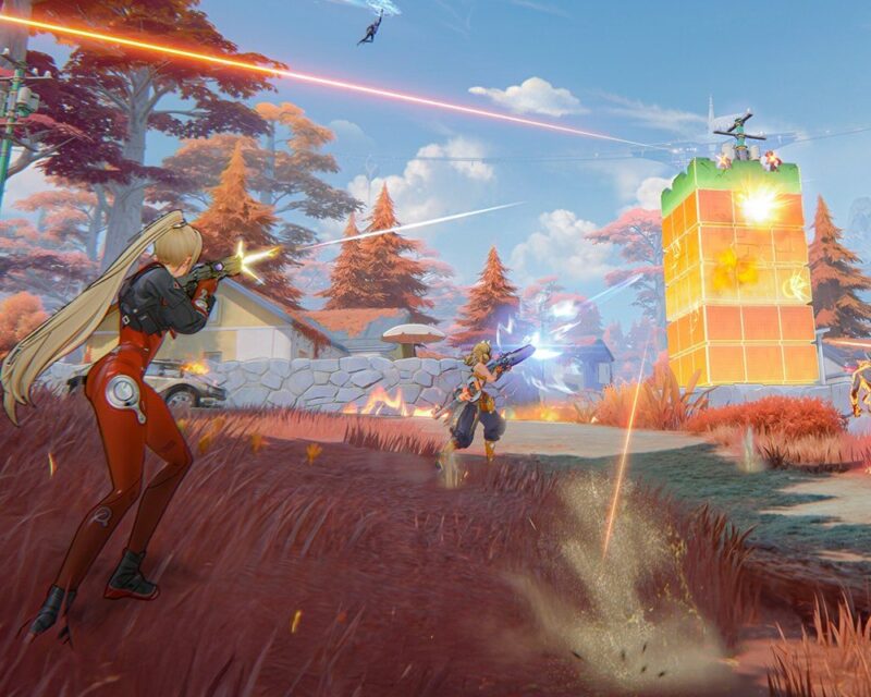 zwiastun wczesnego dostępu Fate Trigger, las jesienny, postacie strzelające do wieży/ściany z klocków, helikoptery na niebie, lasery