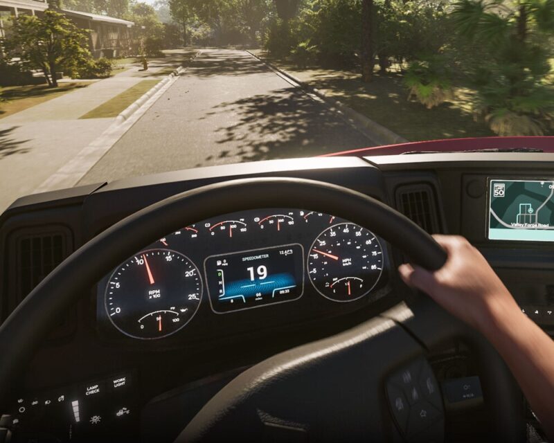 zapowiedź Road Kings, jedziemy w ciężarówce po ładnej amerykańskiej ulicy, świeci słońce