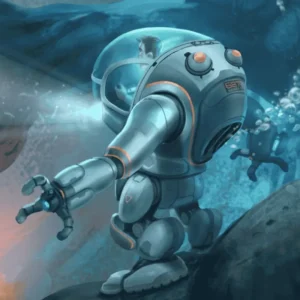 Człowiek w futurystycznym skafandrze-robocie bada podwodne głębiny, oświetlając otoczenie reflektorem i wyciągając mechaniczną rękę w stronę skał.