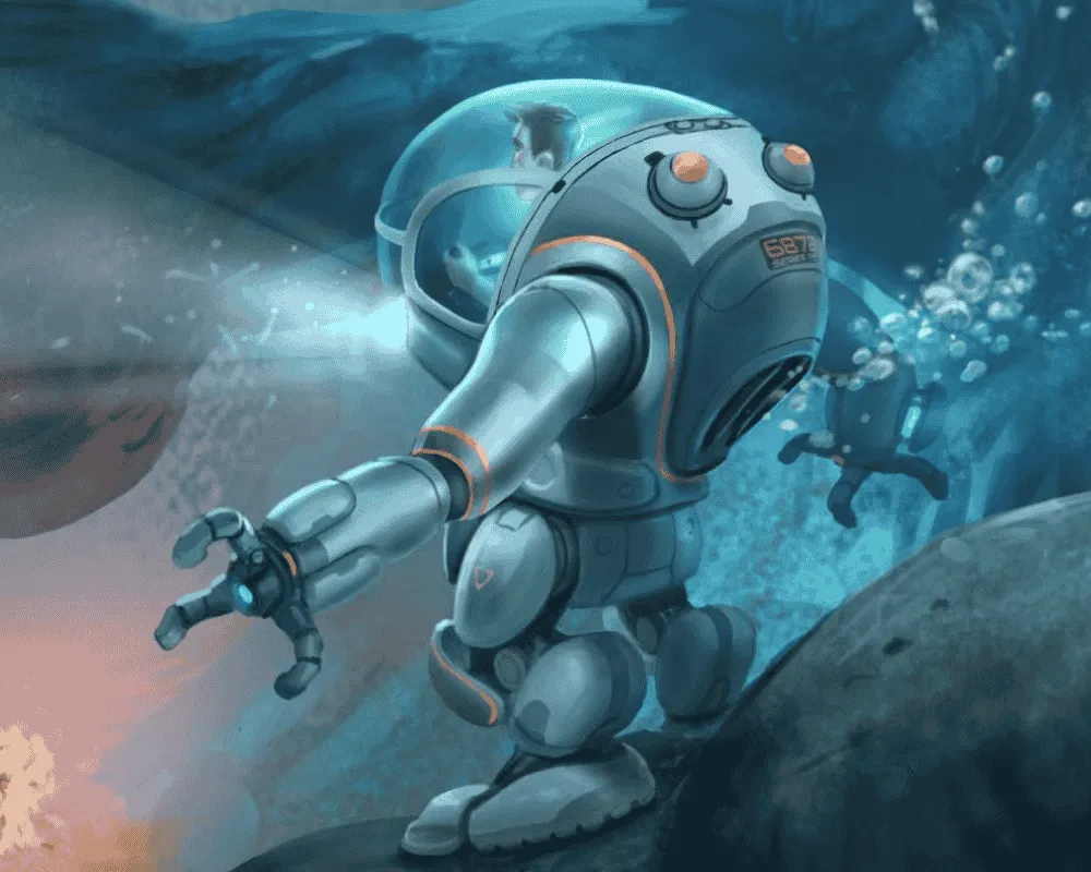 Człowiek w futurystycznym skafandrze-robocie bada podwodne głębiny, oświetlając otoczenie reflektorem i wyciągając mechaniczną rękę w stronę skał.