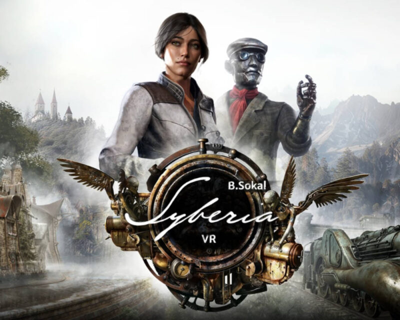 Na obrazie widzimy plakat reklamowy gry "Syberia VR". Na pierwszym planie, po lewej stronie, znajduje się postać kobiety z ciemnymi włosami, ubranej w jasną kurtkę. Jej twarz jest poważna. Po prawej stronie, nieco za kobietą, stoi robot w meloniku i szaliku. Jego prawa dłoń jest uniesiona, jakby coś wskazywał. Pomiędzy tymi dwoma postaciami, na samym środku, znajduje się duża, okrągła, metalowa tarcza z zębatkami i skrzydłami. Na tarczy znajduje się napis stylizowany na pismo ręczne: "Syberia VR" oraz mniejszy napis "B.Sokal". W tle widać zamglony krajobraz górski. Po lewej stronie znajduje się budowla przypominająca zamek, a po prawej widać fragment pociągu lub maszyny parowej. Cały obraz utrzymany jest w stylistyce steampunkowej, z dominującymi odcieniami szarości, brązu i bieli.