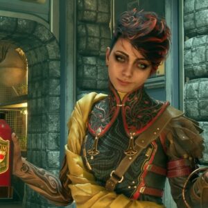 Kadr ze zwiastuna Outer Worlds 2 z towarzyszami, kobieta z butelką patrzy w stronę kamery, pozuje