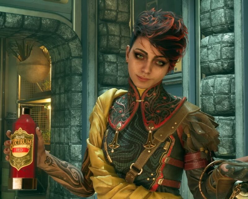Kadr ze zwiastuna Outer Worlds 2 z towarzyszami, kobieta z butelką patrzy w stronę kamery, pozuje