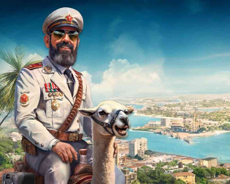 Ilustracja z gry Tropico 7 – przedstawia postać dyktatora w białym mundurze wojskowym z odznaczeniami, siedzącego na lamie. W tle widoczny jest nadmorski krajobraz z miastem i portem.