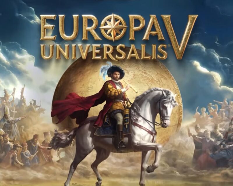 grafika promująca grę Europa Universalis 5, przedstawia mężczyznę w drogich szatach i z czerwoną peleryną siedzącego na białym koniu, w tle widać brązowy globus, nad postacią zaś napis Europa Universalis 5