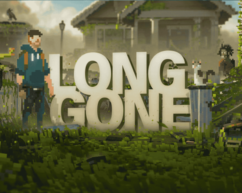 Oficjalna grafika promocyjna gry Long Gone – voxelowa postać mężczyzny w opuszczonym, porośniętym roślinnością przedmieściu, z dużym logotypem tytułu gry na pierwszym planie.