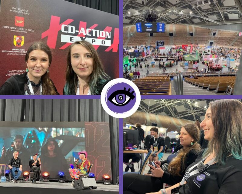 Kolaż zrobiony ze zdjęć na CD Action Expo, Kasika i Natalia na ściance, grające w grę, Mateusz Witczak na scenie z Jędrzejem Bursztą i Dżedajką, panorama hali. Na środku logo Grajmerek (oko na fioletowym tle)