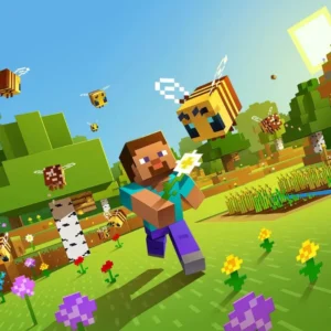 Postać Steve z Minecraft trzymająca kwiat, otoczona pszczołami i kwiatami na tle słonecznego, blokowego krajobrazu.