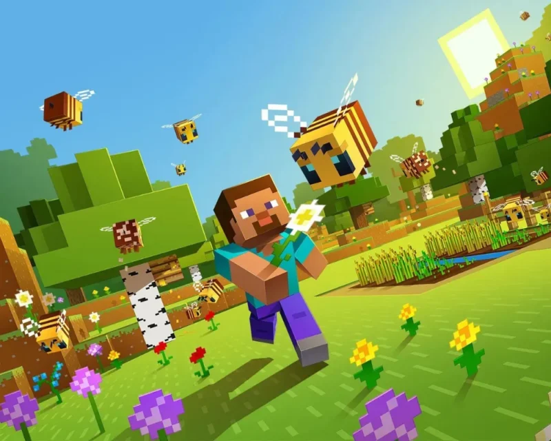 Postać Steve z Minecraft trzymająca kwiat, otoczona pszczołami i kwiatami na tle słonecznego, blokowego krajobrazu.