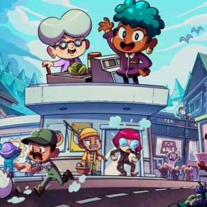 Kolorowa grafika z gry Discounty – bohaterowie stoją przed sklepem w małym miasteczku, w tle mieszkańcy i budynki.