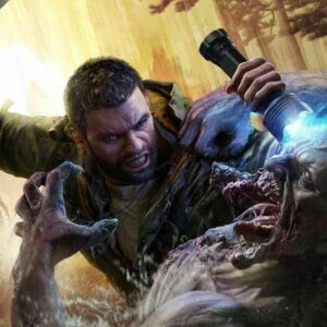 Mężczyzna walczy z agresywnym zombie, celując w jego głowę latarką emitującą niebieskie światło. Grafika pochodzi z gry "Dying Light: The Beast".