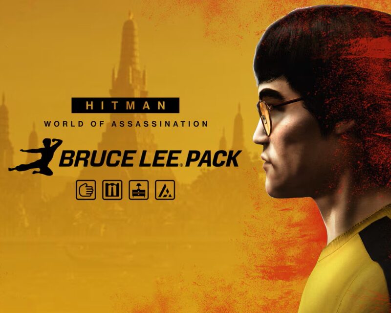 Hitman: World of Assassination nowy dodatek z Brucem Lee, grafika promocyjna, żółte barwy, nawiązujące do Kill-Bill lub sztuk walki, Bruce Lee z prawej strony