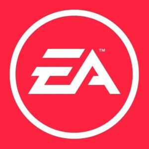 Na obrazku znajduje się logo firmy Electronic Arts. Logo jest białe, a tło różówe.