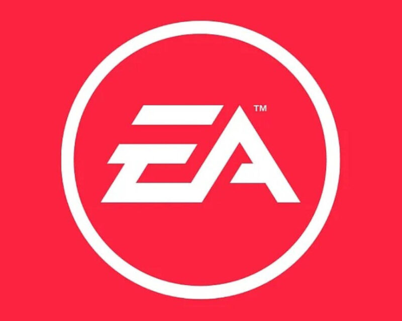 Na obrazku znajduje się logo firmy Electronic Arts. Logo jest białe, a tło różówe.