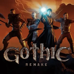 Czterech bohaterów uzbrojonych w topór, miecz, magię i łuk stoi razem na tle pomarańczowego nieba. Grafika pochodzi z gry "Gothic Remake".