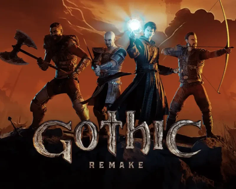Czterech bohaterów uzbrojonych w topór, miecz, magię i łuk stoi razem na tle pomarańczowego nieba. Grafika pochodzi z gry "Gothic Remake".