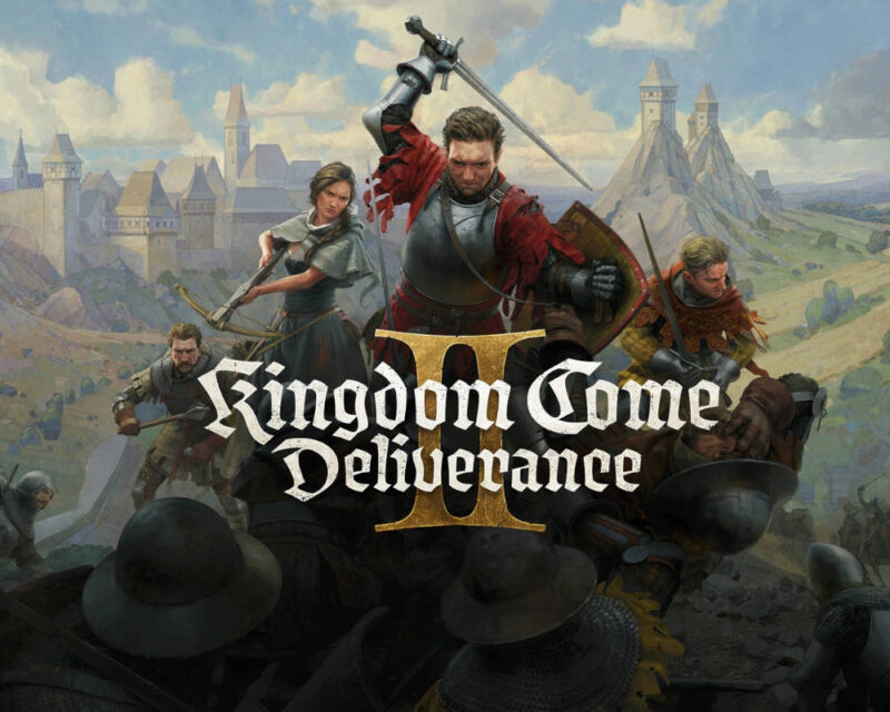 Obraz przedstawia ilustrację promocyjną gry wideo Kingdom Come: Deliverance II. W centrum kompozycji znajduje się mężczyzna w zbroi, ucharakteryzowany na rycerza. Podnosi miecz do góry, gotowy do ataku. Ma na sobie czerwoną szatę, a na tarczy widnieje herb. Obok niego, po lewej stronie, stoi kobieta z kuszą, celująca w stronę widza. Za nimi, po prawej, znajduje się kolejna postać w zbroi, dzierżąca miecz i tarczę. W tle widać realistycznie oddany, średniowieczny krajobraz, w tym rzekę, pola i wzniesienia. Na horyzoncie majaczą zamkowe wieże oraz umocnienia, co sugeruje, że akcja toczy się podczas oblężenia lub bitwy. W dolnej części obrazu widoczne są hełmy i zbroje kolejnych walczących postaci, co buduje wrażenie zaciętej walki. Grafika utrzymana jest w stylu malarskim, z bogatą paletą barw i dbałością o detale, co nadaje jej epicki charakter.