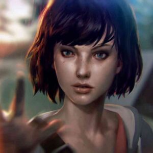 Grafika promocyjna z gry "Life is Strange" przedstawiająca dziewczynę z włosami długimi do szczęki, która wyciąga przed siebie prawą otwartą dłoń.
