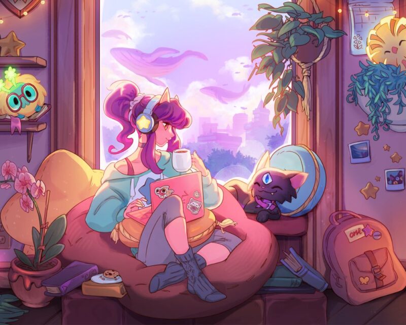 grafika promująca grę Spirit City: Lofi Sessions, widzimy dziewczynę o fioletowych włosach w niebieskim swetrze, dżinsach i czarnych skarpetkach, siedzi na pufie, a na kolanach ma ułożonego laptopa, obok niej leży czarny kot z trzema oczami, w tle widać chmury i kontury budynków