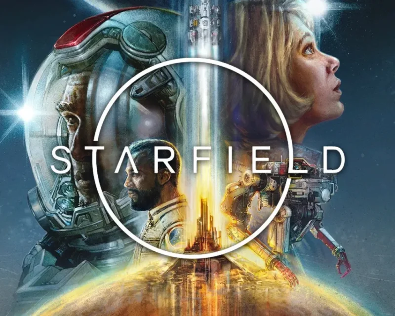 Okładka gry Starfield przedstawiająca astronautę, kobietę i robota na tle kosmosu z logotypem gry.