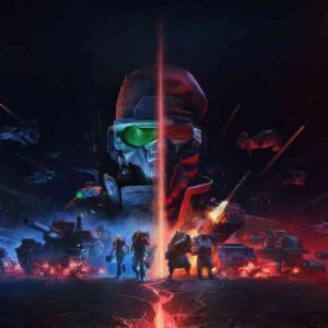 Ilustracja promocyjna z gry "Tempest Rising", przedstawiająca futurystyczne pole bitwy z czołgami, żołnierzami i maszynami bojowymi, a w tle ogromną postać w hełmie z zielonym wizjerem.