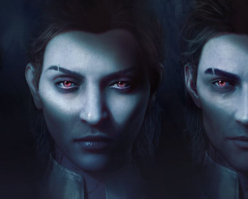 grafika promuje grę Vampire: The Masquerade – Bloodlines 2, widzimy dwa wampiry, kobietę i pół twarzy mężczyzny, oboje patrzą się w kamerę, mają czarne włosy zaczesane do tyłu, blade twarze, czerwone oczy i bliznę na prawych brawiach