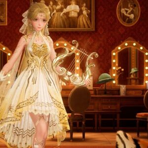 Infinity Nikki muzyczny sezon, Nikki w kostiumie złotym z Lirą w teatrze