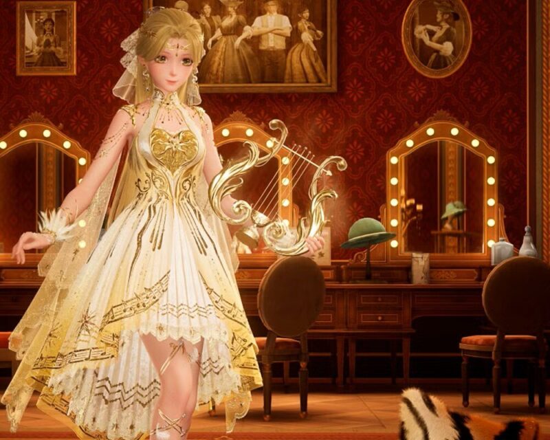 Infinity Nikki muzyczny sezon, Nikki w kostiumie złotym z Lirą w teatrze