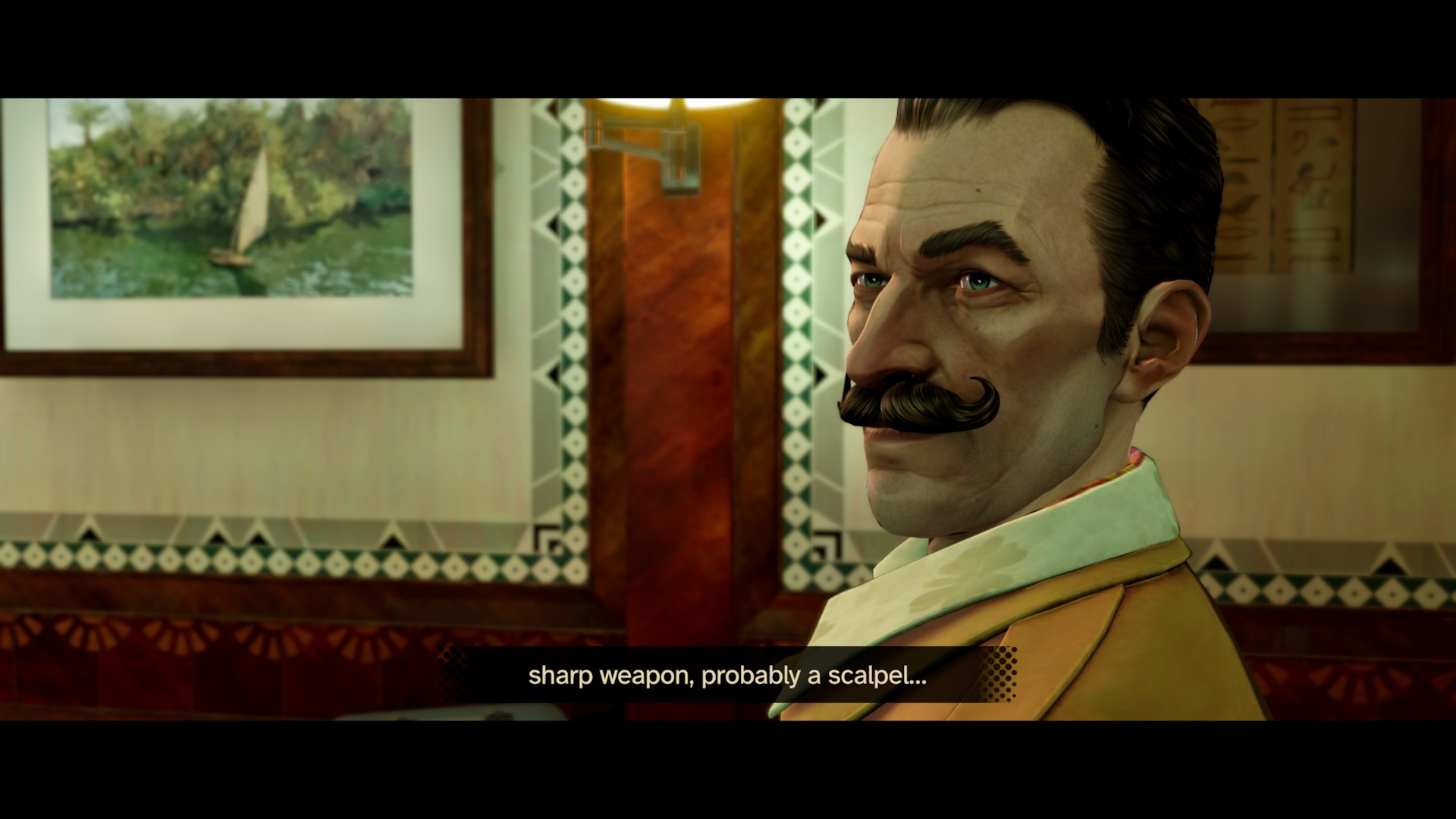 Poirot mówiący o narzędziu zbrodni, bliskie ujęcie na twarz, cutscenka