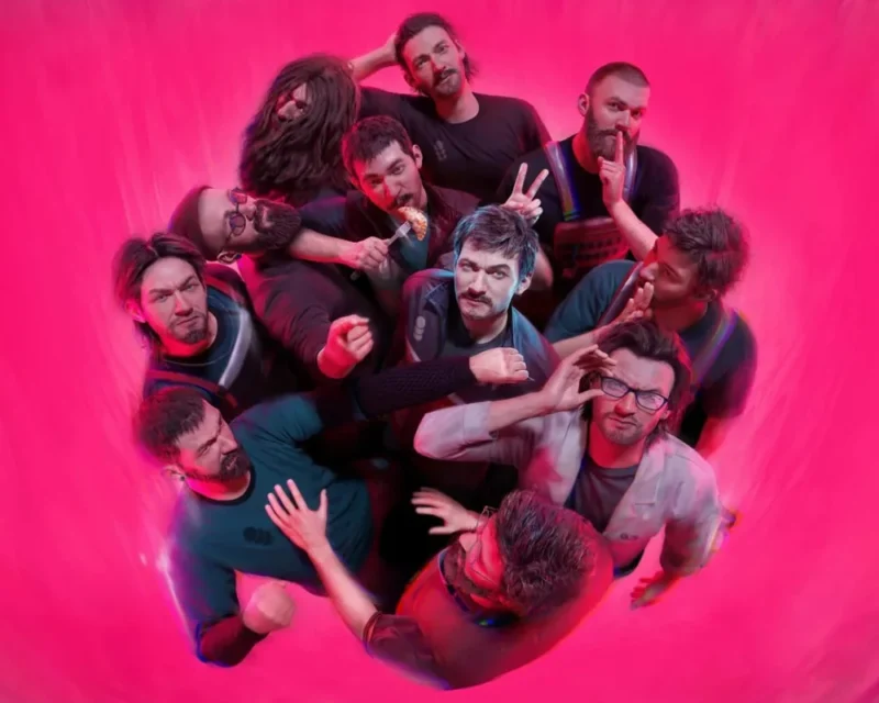 Grafika promocyjna gry The Alters w amerykańskiej szkole – wielu alterów otacza bohatera Jana, symbolizując różne wersje jego osobowości.
