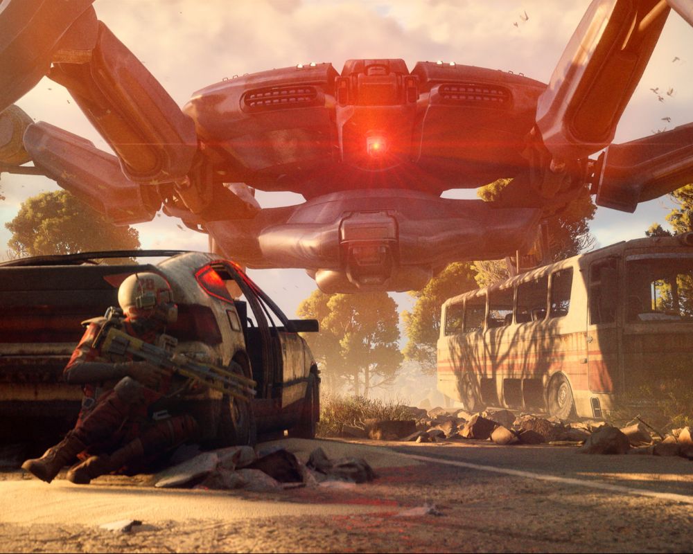 grafika z gry z ARC Raiders, przedstawia wielkiego robota-pajęczaka z czerwonym laserem na środku korpusu, na pierwszym planie widzimy żołnierza chowającego się za wrakiem auta, po prawej widzimy wrak autobusu, dookoła drzewa i leżące fragmenty zniszczonych budynków