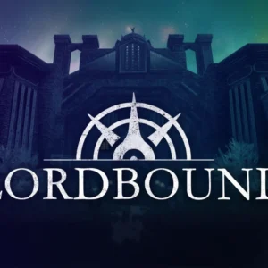 Logo i grafika promująca Lordbound fanowski mod do Skyrima, przedstawiająca monumentalną twierdzę w Dolinie Druadach w chłodnych barwach nocy.