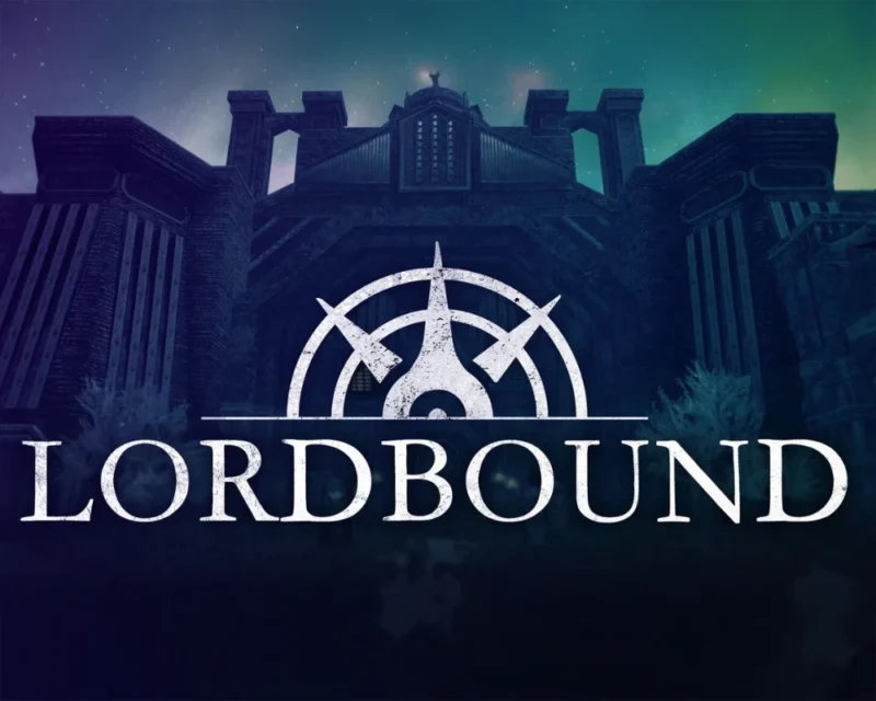 Logo i grafika promująca Lordbound fanowski mod do Skyrima, przedstawiająca monumentalną twierdzę w Dolinie Druadach w chłodnych barwach nocy.