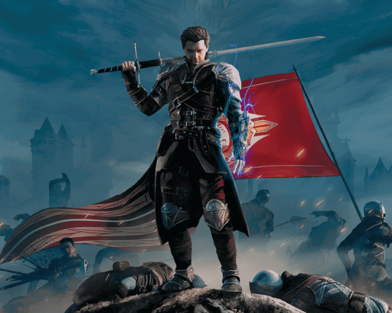 Grafika z gry „Of Ash and Steel” przedstawia wojownika stojącego na wzgórzu pośród pokonanych przeciwników. Trzyma miecz, a za nim powiewa czerwony sztandar z herbem. W tle widać sylwetki walczących postaci i zamki spowite mgłą.