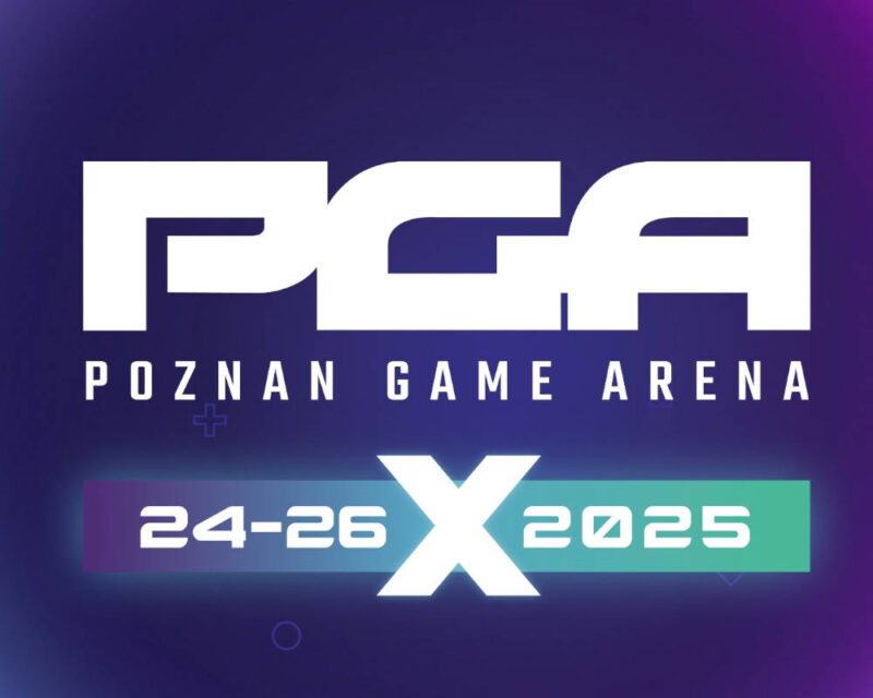 Na obrazku znajduje się napis PGA, napis Poznań Game Arena i data 24-26 października 2025 roku. Tekst jest w białym kolorze. Tło grafiki jest ciemno-fioletowe.