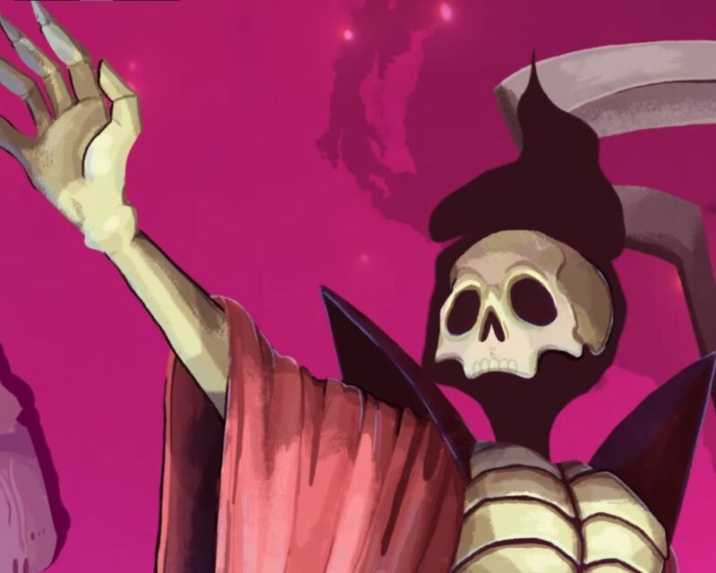 grafika promująca grę Slay the Spire 2, widzimy na niej częściowo jedną z postaci, które będą dostępne w grze, to szkielet z fragmentem czaszki unoszący się magią, ma na sobie czerwone szaty i uniesioną jedną dłoń do góry, za postacią widać fragment broni - kosy, tło jest fioletowe