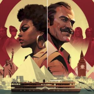 Plakat recenzowanej gry Agatha Christie: Śmierć na Nilu – Poirot i Jane Royce, w tle sylwetki bohaterów i podejrzanych, na dole Karnak