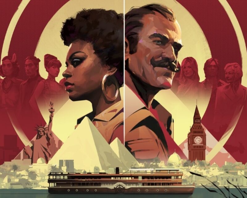 Plakat recenzowanej gry Agatha Christie: Śmierć na Nilu – Poirot i Jane Royce, w tle sylwetki bohaterów i podejrzanych, na dole Karnak