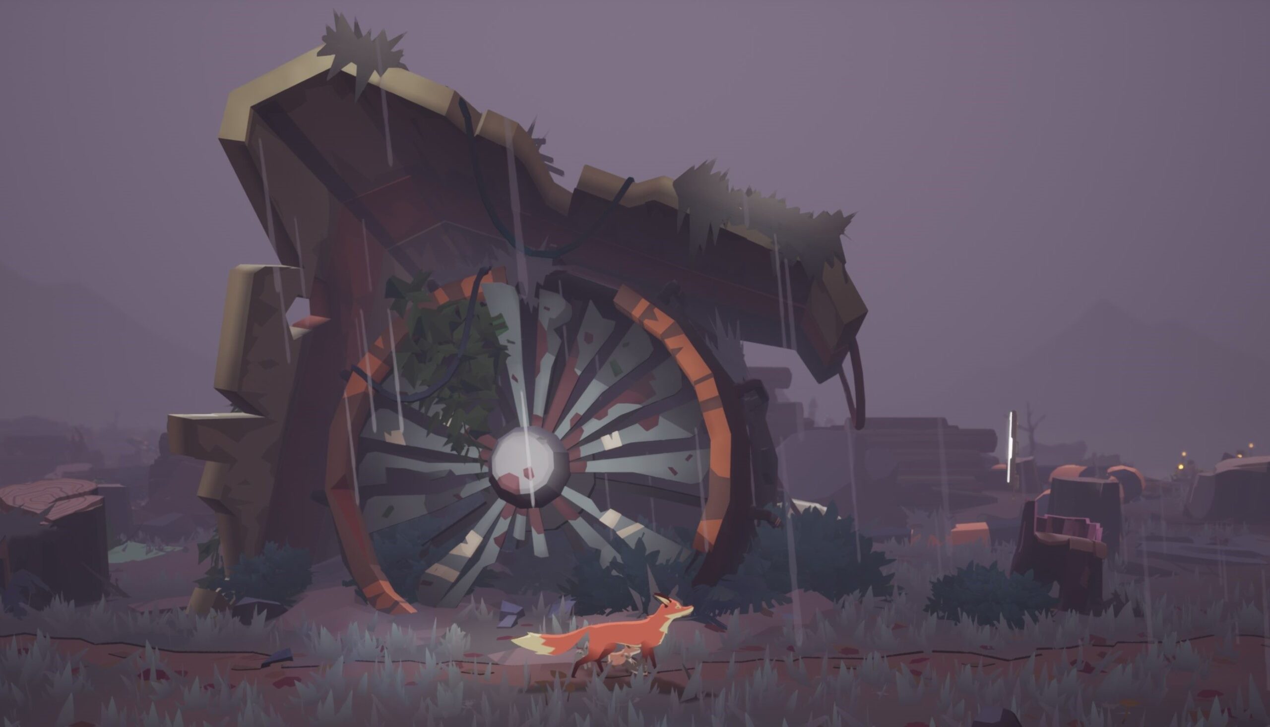 Lisica idąca ścieżką. W tle widać porzucone części jakiejś wielkiej maszyny, okolica wygląda na bardzo zaniedbaną.