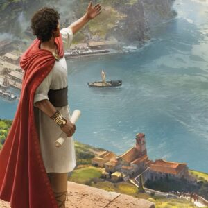 Anno 117: Pax Romana Ilustracja przedstawiająca mężczyznę w starożytnym stroju, stojącego na klifie z rozwianą czerwoną peleryną, który gestem dłoni wskazuje na zatokę z miastem portowym, statkiem na wodzie i zabudowaniami u wybrzeża, w malowniczym, historycznym krajobrazie.