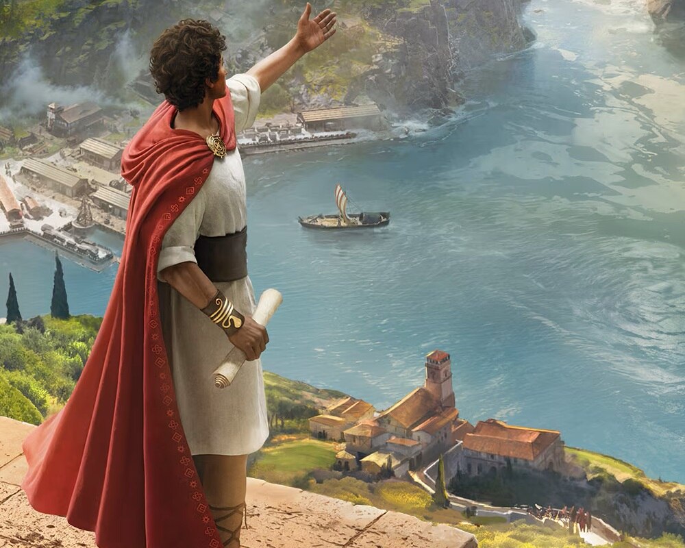 Anno 117: Pax Romana Ilustracja przedstawiająca mężczyznę w starożytnym stroju, stojącego na klifie z rozwianą czerwoną peleryną, który gestem dłoni wskazuje na zatokę z miastem portowym, statkiem na wodzie i zabudowaniami u wybrzeża, w malowniczym, historycznym krajobrazie.