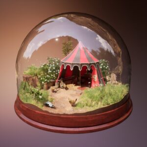 Szklana kula z drewnianą podstawą, wewnątrz której znajduje się szczegółowa diorama przedstawiająca średniowieczny obóz. W centrum stoi czerwono-czarny namiot, otoczony roślinnością, beczkami, drewnianymi skrzyniami i drobnymi przedmiotami. Na trawie widać kurę i elementy dekoracyjne, a całość jest oświetlona miękkim, naturalnym światłem.
